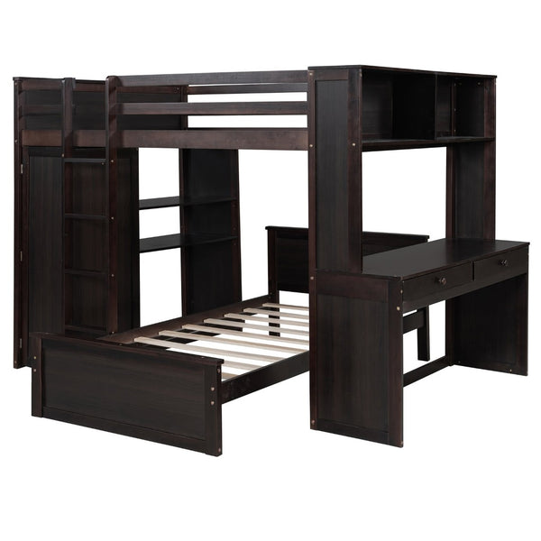 English Elm Full Twin Loft Bed with Desk Wardrobe Shelves Pine Wood Frame Kids Bedroom Espresso LT000821AAP-1