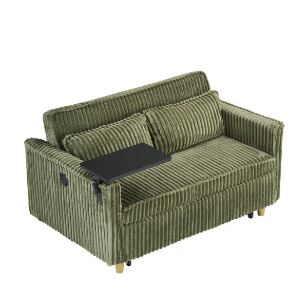 English Elm The pull-out green corduroy sofa with USB ports, movable tabletop and roll-out bed for living rooms W3371P302294