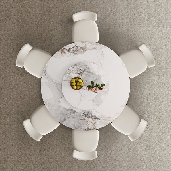 English Elm 59-Inch Modern Sintered Stone Dining Table Set With 35-Inch Turntable, Seats 6-8, Walnut Base Style W509S00131