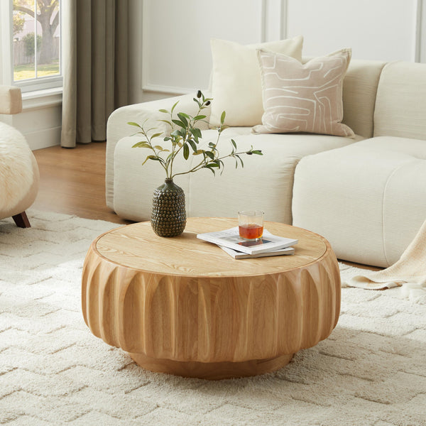 English Elm Round Birch Carved Coffee Table with 3D Relief Frame, Mountain-Grain Veneer Top, Sculptural Elegance Natural Wood W3137P270437