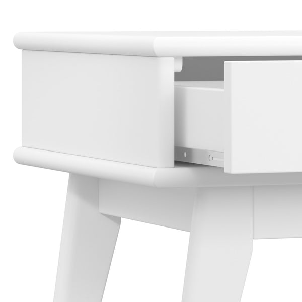 English Elm Draper Mid Century End Table White Solid Rubberwood 22"H | Drawer with Antique Brass Pull, Tapered Legs B136P203447
