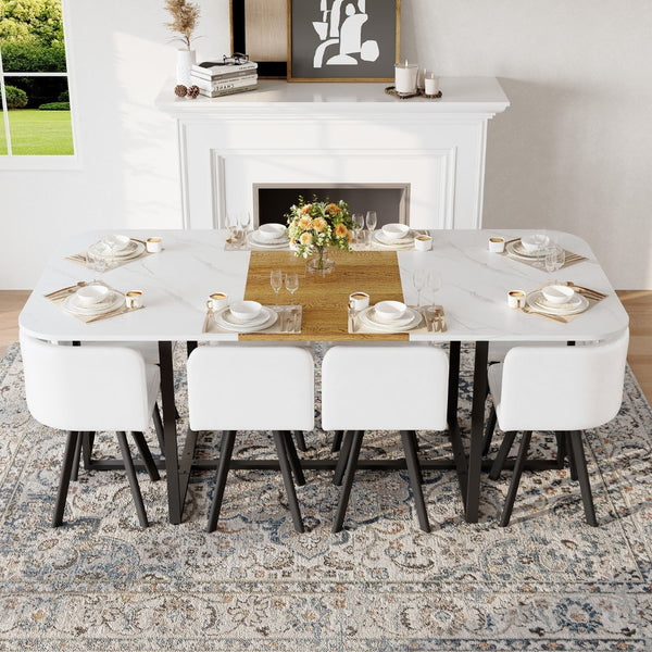 English Elm 9-piece Square Dining Set Faux Marble Wood Grain Table with 8 Leather Chairs W3875S00148