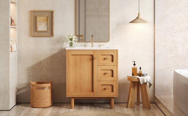 English Elm 30 Inch Bathroom Vanity with Ceramic Sink, Grey Farmhouse Cabinet w/3 Soft-Close Drawers & Storage N710P333972P
