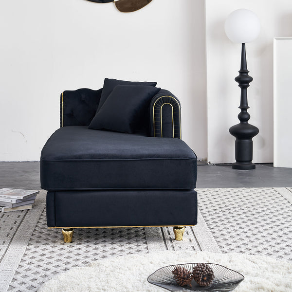 English Elm 66.9''W Velvet Chaise Lounge with Tufted Back and Gold Trim, Luxury Modern Sofa for Living Room Black W579P224635