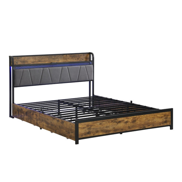 English Elm Full Platform Storage Bed with Led Headboard Charging Station and Four Under Drawers W311P187977
