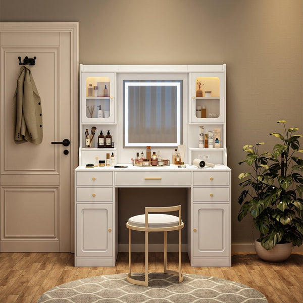 English Elm Large White Vanity Table Set with Extra-Large Mirror, 6 Drawers & Shelves, Gold Handles, Stylish Gift-Friendly Design W509P301793