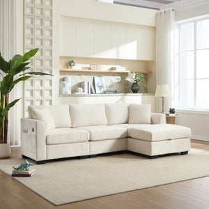 English Elm Modern Chenille L-shaped Sectional with Usb Charging Ottoman Storage Living Room Couch Beige W2120S00016