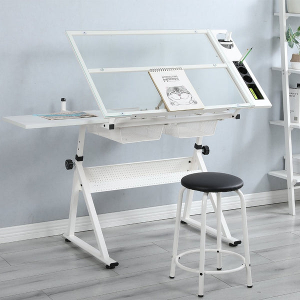 English Elm White Tempered Glass Drafting Table with Chair Steel Frame Tilting Artist Desk W347119824