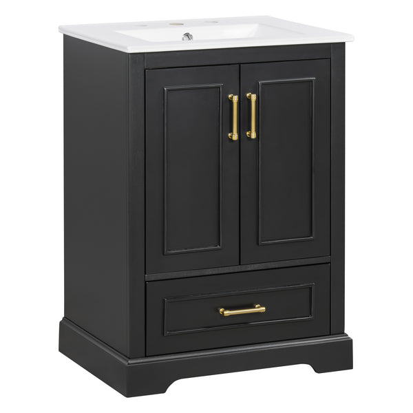 English Elm 24"Bathroom Modern Vanity with Ceramic Sink, Solid Wood Frame, Soft-Close Doors & Smart Storage System Black N729P321378B