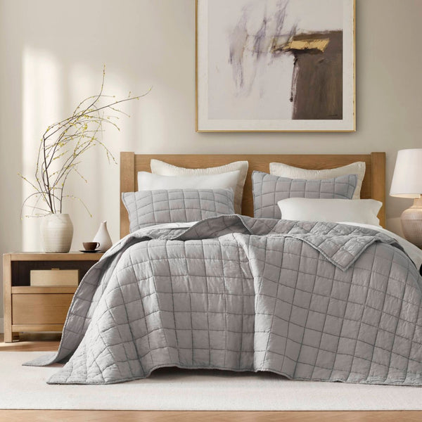 English Elm 3-piece French Linen Quilt Set Garment Washed Breathable Box Stitched Bedding Gray B035P408299