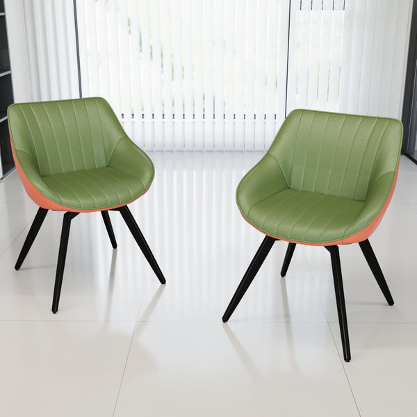 English Elm A Set of 2 Mid-century Pu Leather Dining Chairs with Ergonomic Back and Metal Legs Green W2189P196218