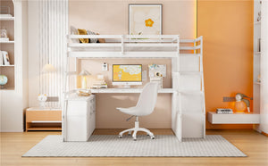 English Elm Full Size Kids Loft Bed with Integrated Desk Seven Drawers and Open Shelving White LT000649AAK-3