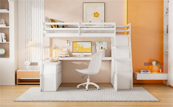 English Elm Full Size Kids Loft Bed with Integrated Desk Seven Drawers and Open Shelving White LT000649AAK-3