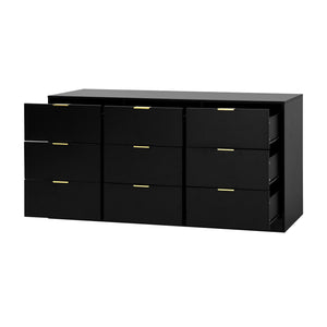 English Elm Black 9 Drawer Dresser with Gold Handles — 63" Deep Storage Chest, Modern Wooden Cabinet for Bedroom W409P307593