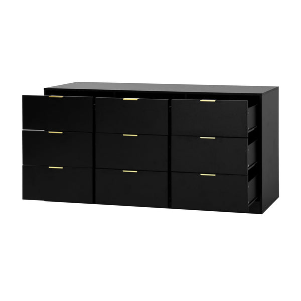 English Elm Black 9 Drawer Dresser with Gold Handles — 63" Deep Storage Chest, Modern Wooden Cabinet for Bedroom W409P307593