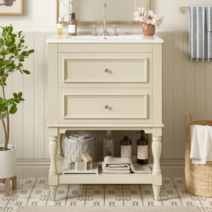English Elm 24'' Retro Bathroom Vanity Mdf Cabinet with Ceramic Sink Open Shelf and 2 Drawers Beige N710P405414Y