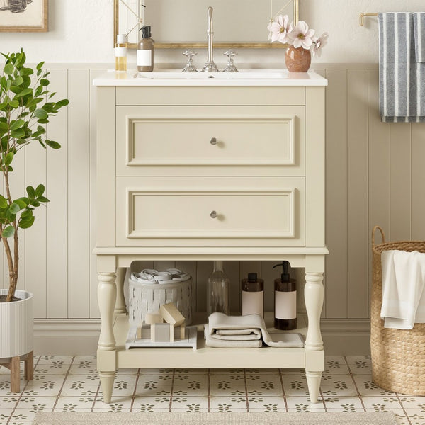 English Elm 24'' Retro Bathroom Vanity Mdf Cabinet with Ceramic Sink Open Shelf and 2 Drawers Beige N710P405414Y