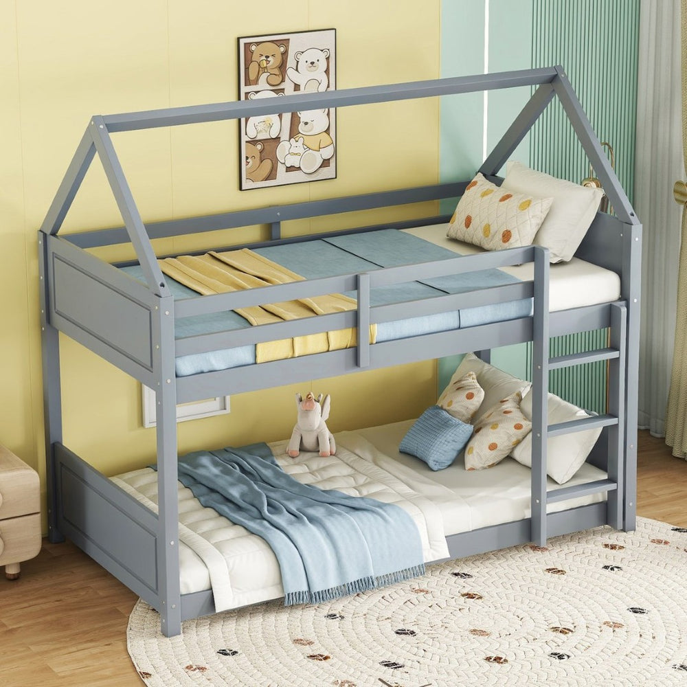 English Elm Twin House-Style Floor Bunk Bed With Safety Guardrails, Durable Rubberwood, And Fun Grey Finish W504P314947-GIGA