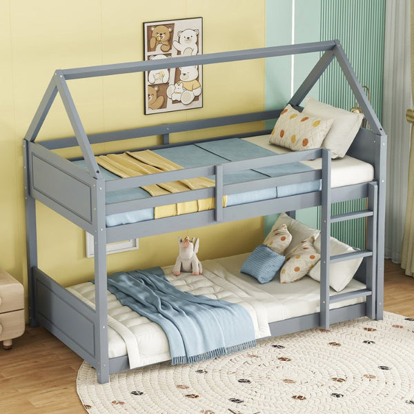 English Elm Twin House-Style Floor Bunk Bed With Safety Guardrails, Durable Rubberwood, And Fun Grey Finish W504P314947-GIGA