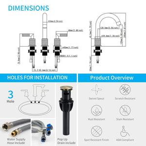 English Elm Gold Brushed Widespread Bathroom Faucet 2-Handle 8" Deck Mount, 360° Swivel, Pop-Up Drain, Hoses T3177P277501