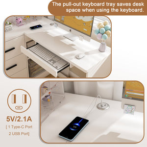 English Elm Computer Corner L-Shaped Desk with Glass Cabinets, Built-In LED, USB Ports, Keyboard Tray, Ergonomic Design White W2699P345803