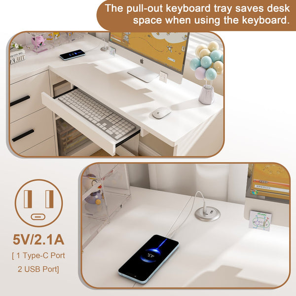 English Elm Computer Corner L-Shaped Desk with Glass Cabinets, Built-In LED, USB Ports, Keyboard Tray, Ergonomic Design White W2699P345803