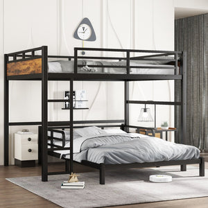 English Elm Twin Xl Solid Pine Loft Bed with Built-in Led Lighting and Storage Shelves Vintage,Wood W1580S00443