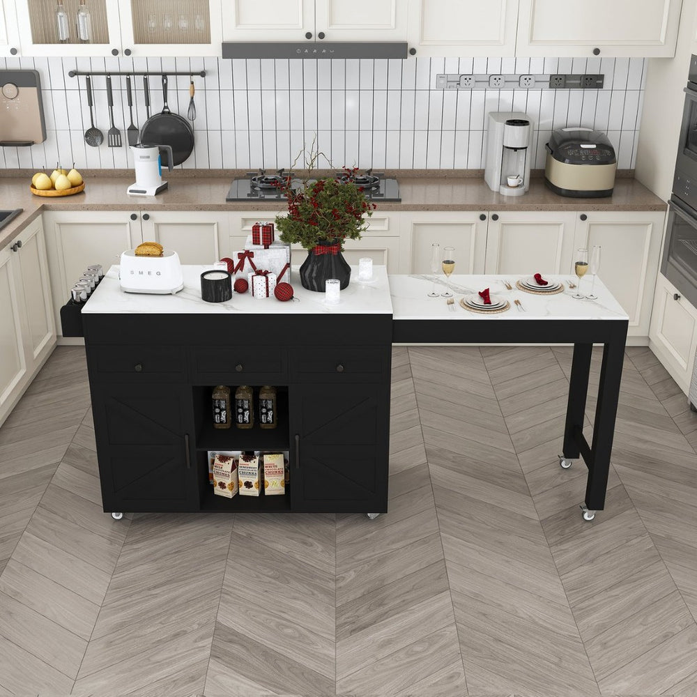 English Elm 74.8" Rolling Kitchen Island Extendable Marble Veneer Top with Power Outlet and Storage W2700S00106