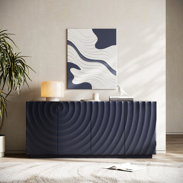 English Elm Buffet Modern Minimalist 4-Door Sideboard with Open Shelves, Anti-Tip Freestanding Storage, Navy W2263P353606