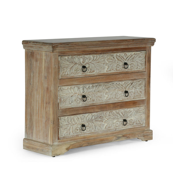English Elm Christopher Knight Home® - Acacia Handcrafted 3-Drawer Dresser 40" Wide Whitewash & Natural Boho Accent Cabinet with Rings 71756.00