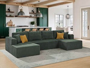 English Elm Full Corduroy Upholstered Double Chaise Sectional Lounge Ready No Tools Needed Dark Green B2748S00052