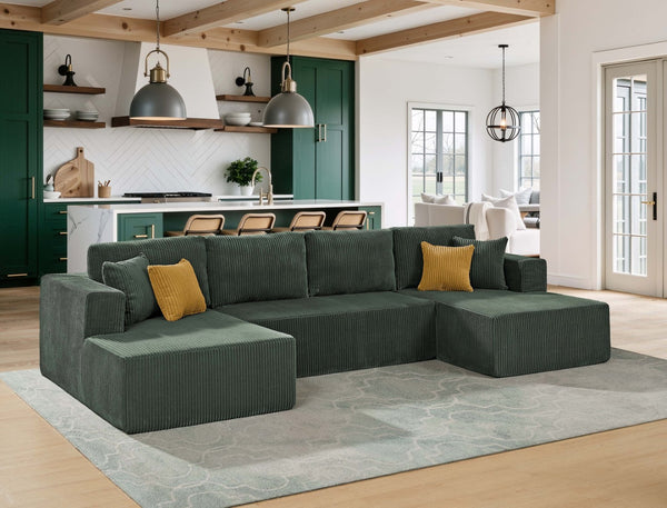 English Elm Full Corduroy Upholstered Double Chaise Sectional Lounge Ready No Tools Needed Dark Green B2748S00052