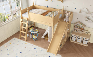 English Elm Twin Loft Bed Solid Pine Frame with Wardrobe Shelving Detachable Slide Kids Room Natural W5305S00017