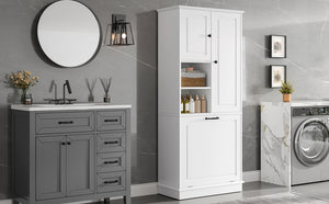 English Elm Tall Storage Cabinet with Flip-Out Basket, Adjustable Shelves & Aluminum Handles for Organized Living White N725P322739K