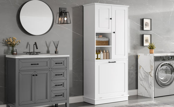 English Elm Tall Storage Cabinet with Flip-Out Basket, Adjustable Shelves & Aluminum Handles for Organized Living White N725P322739K