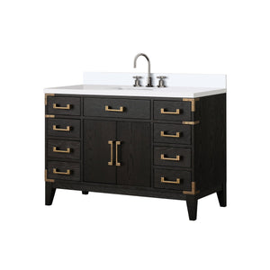 English Elm Black Oak Single Bath Vanity 48" W x 22" D with White Quartz Top, Soft-Close Drawers & Chrome Faucet Set B2731P260932