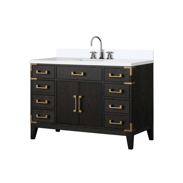 English Elm Black Oak Single Bath Vanity 48" W x 22" D with White Quartz Top, Soft-Close Drawers & Chrome Faucet Set B2731P260932