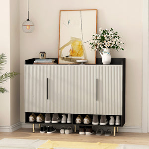 English Elm Sideboard,shoe Cabinet Four Door Entryway Organizer with Adjustable Shelves Modern Black W1321S00042
