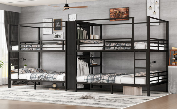 English Elm Full Size Quadruple Metal Bunk Bed With Storage & Wardrobe - Sturdy Design For Space-Saving Comfort W1580S00155