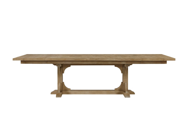 English Elm Trestle Solid Wood Dining Table with Hickory Geometric Veneer Top, Extends 84" to 114" with Leaves Beige 88 L x 48.75 W x 9.5 H B2699S00091