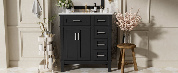 English Elm 30" Freestanding Bathroom Vanity Ceramic Sink Soft Close Cabinet Gray Wood Frame Black N729P427118B