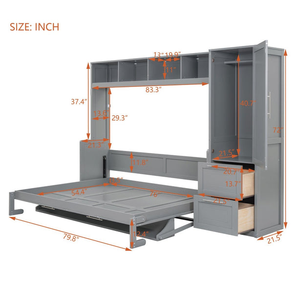 English Elm Full Size Murphy Wall Bed with Wardrobe Drawers Studio Apartment Space Saver Gray LP000792AAE-2