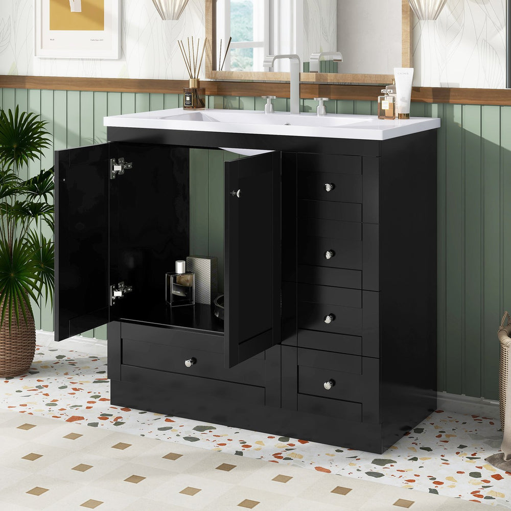 English Elm 36 Inch Shaker Style Free-Standing Bathroom Vanity Cabinet with Resin Sink, Soft-Close Storage Elegance Black SV000021AAB