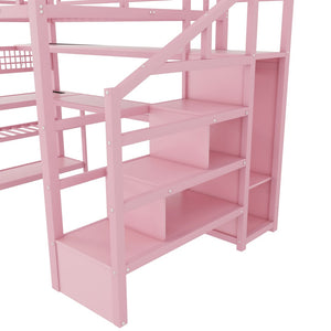 English Elm Full Size Steel Loft Bed with Staircase Storage Wardrobe Desk and Led Lighting Pink W2593S00077