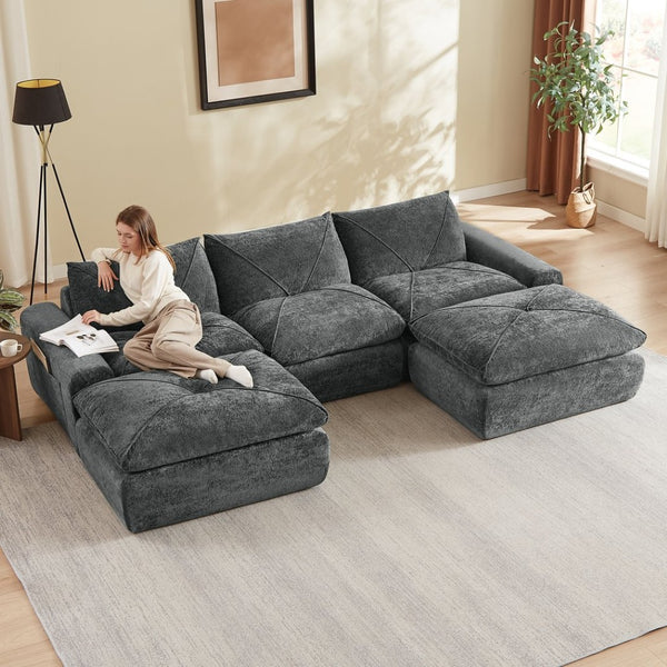 English Elm Modern Chenille Modular Sectional Sofa with Foot Pedals for Living Room Comfort Dark Gray W3396S00074