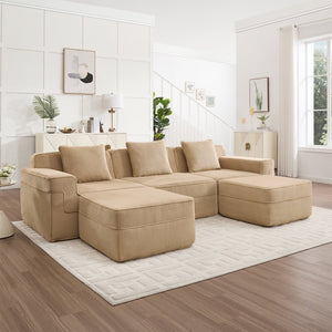 English Elm Modular 3-Seat U-Shape Sectional Sofa - Cloud-Like Comfort With Movable Ottomans & Plush Corduroy Fabric W3041S00319