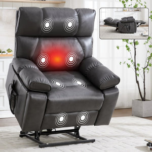 English Elm Dark Grey Leatheraire Power Lift Recliner Dual Motor Massage Heat Heavy Duty W1803P340317