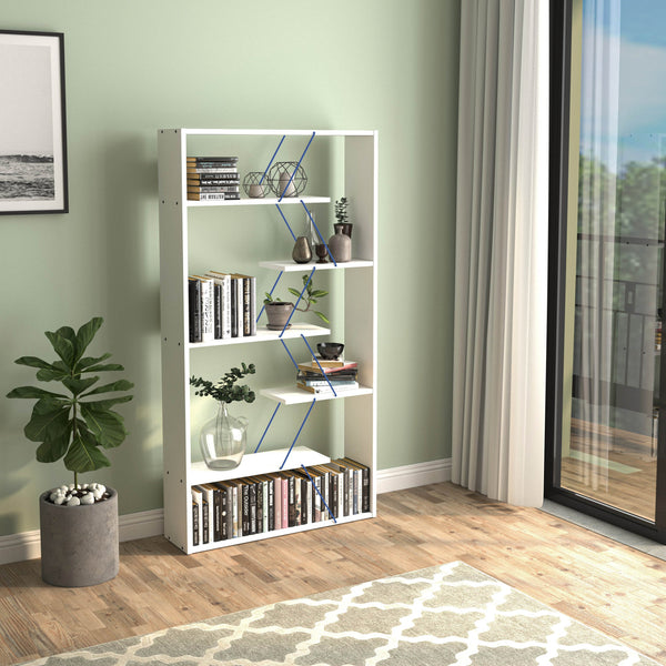 English Elm Furnish Modern 5-Tier Wood Frame Etagere with Blue Metal Open Shelves — Sturdy Industrial Bookcase Organizer B029P328570