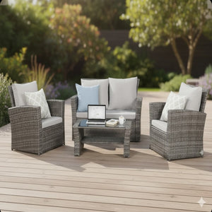 English Elm 4-piece Outdoor Wicker Conversation Set with Tempered Glass Table and Resort Style Grey+Brown B082S00059