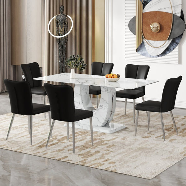 English Elm Table and Chair Set Modern Marble Glass Top Dining with Six Pu Leather Seats W1151S02125